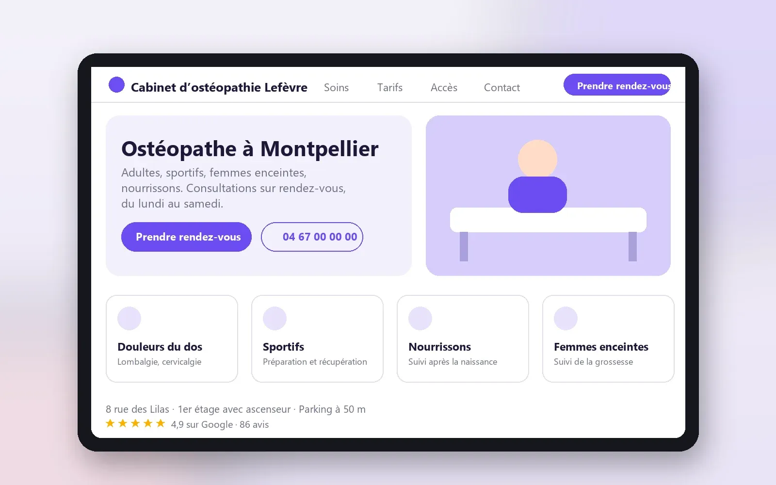 Maquette du site d’un cabinet d’ostéopathie sur tablette, avec prise de rendez-vous, motifs de consultation, accès et avis (illustration)