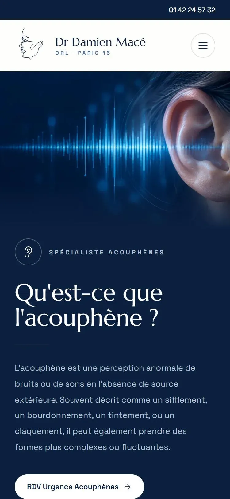 Page acouphène du site du Dr Macé affichée sur mobile