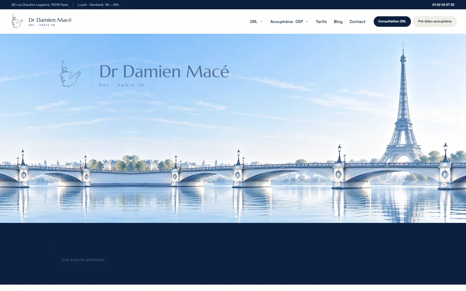Page d’accueil du site du Dr Damien Macé, ORL à Paris 16, après refonte