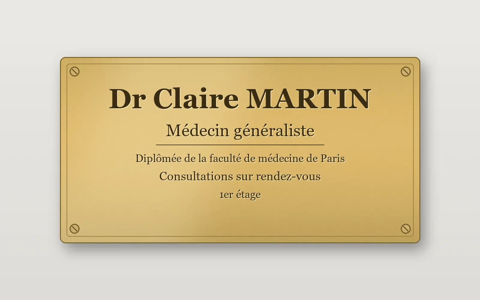 Plaque professionnelle en laiton d’un médecin généraliste, avec nom fictif, spécialité, diplôme, prise de rendez-vous et étage