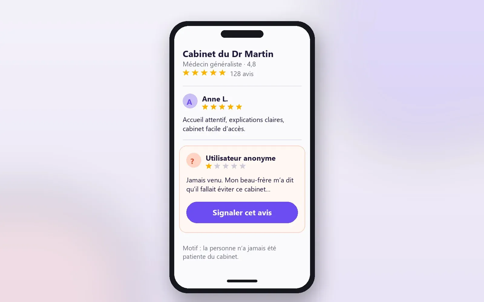 Écran de smartphone montrant la fiche d’un cabinet, un avis anonyme à une étoile et le bouton Signaler cet avis (illustration, nom fictif)